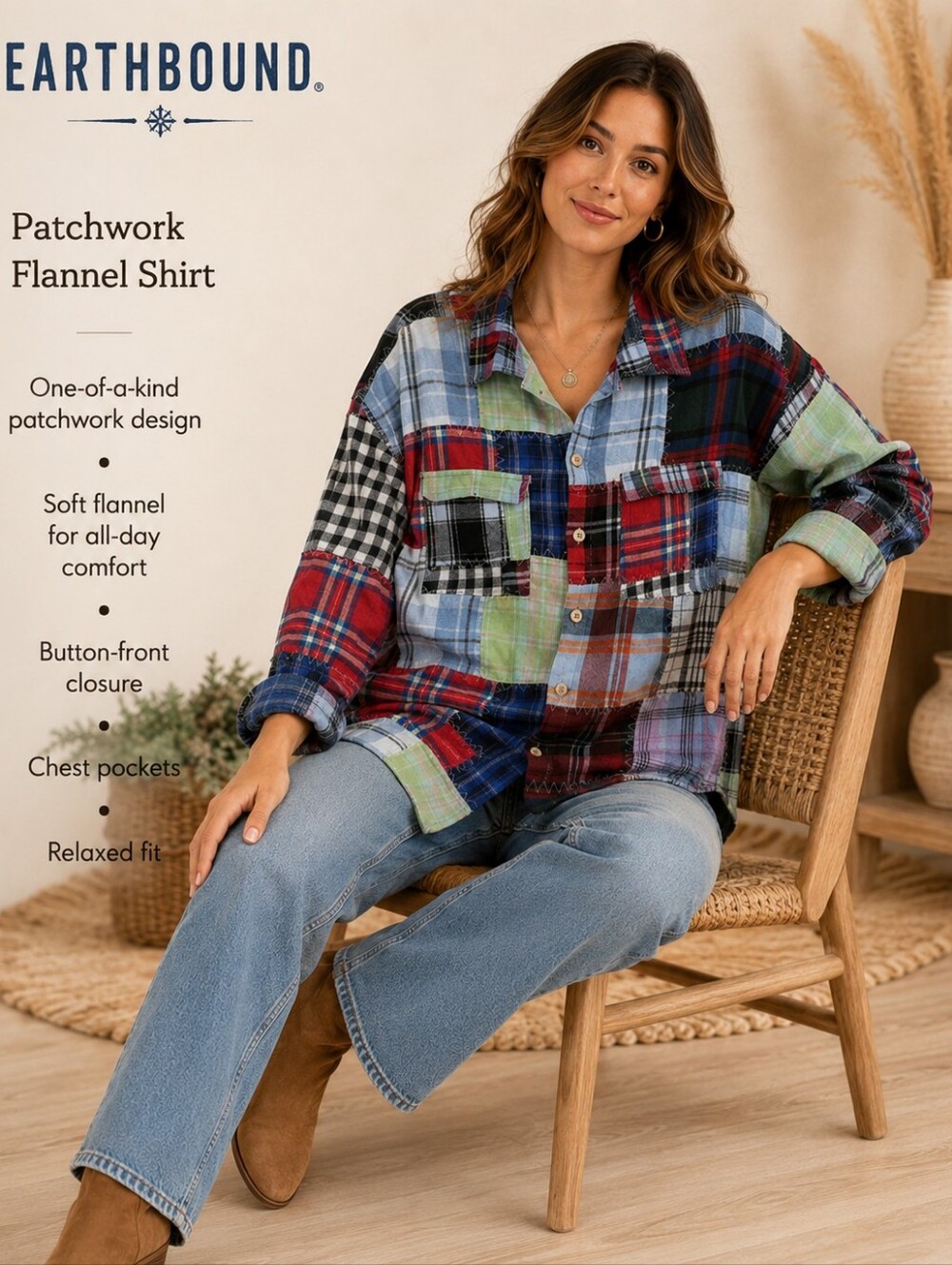Earthbound Patchwork Flannel Shirt Multicolor Plaid Button Up Boho Size Large